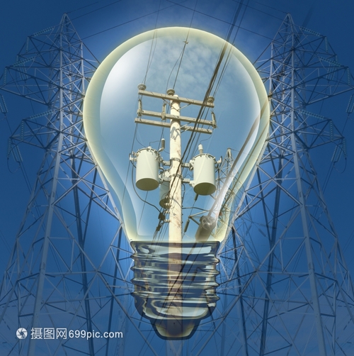 電線塔的力概念配有電的線塔有白熾燈泡強調電氣設備是保護和環境的能源電力概念